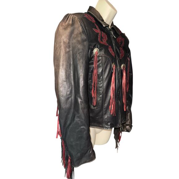 Vintage Dallas Leather Fringe Jacket Brown w/ Burgundy Rose Embroidery Size 10 - Picture 2 of 12